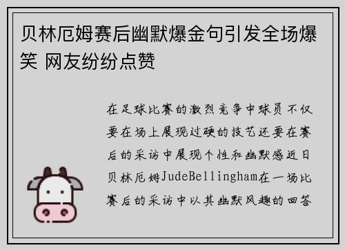 贝林厄姆赛后幽默爆金句引发全场爆笑 网友纷纷点赞